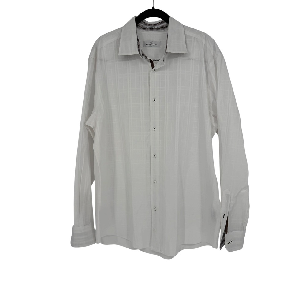Bugatchi Uomo Men's White Tonal Plaid Long Sleeve Button Down Shirt Shaped Fit